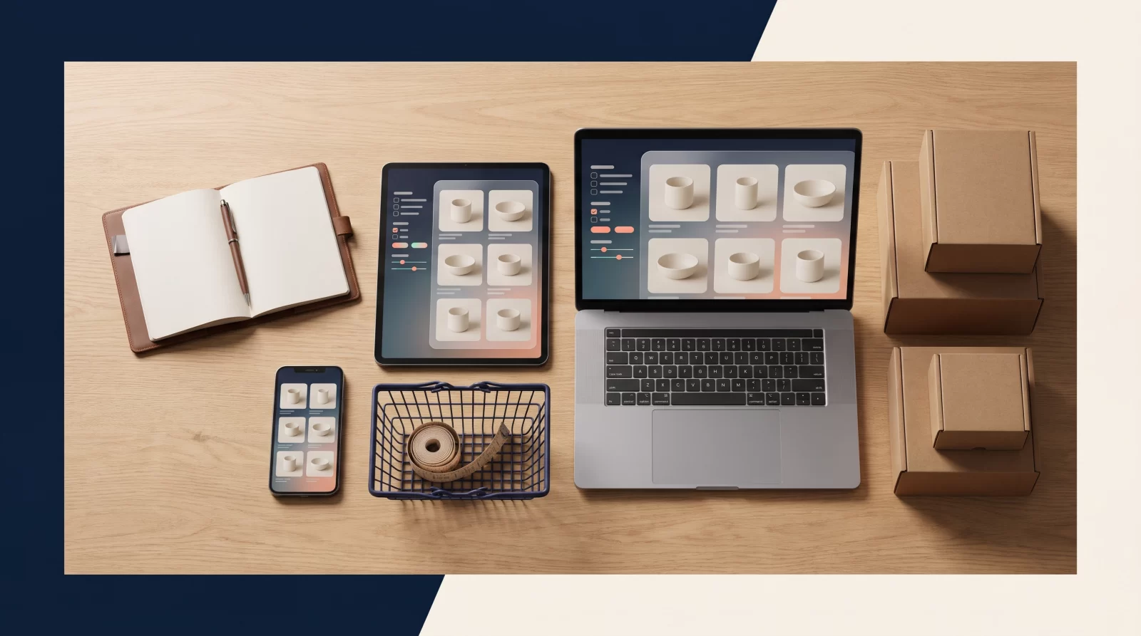 Masa üzerinde ürün listeleme ızgarası ve filtre paneli açık dizüstü bilgisayar, tablet ve telefon; yanlarında alışveriş sepeti, kargo kutuları ve not defteri