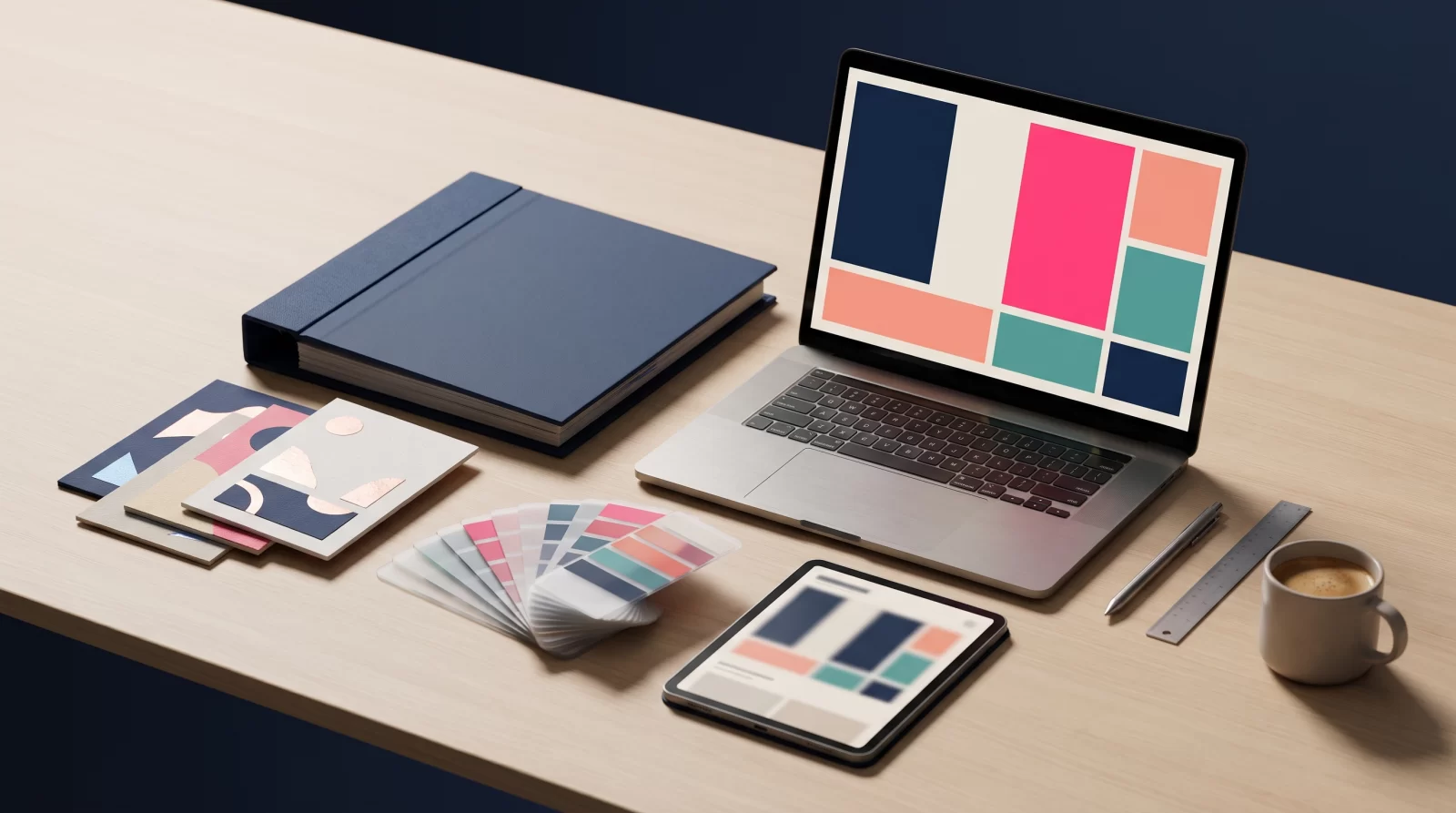 Laptop mit geöffnetem Portfolio-Raster auf einem Holztisch, gedruckte Portfoliomappe, Farbmusterkarten, Tablet mit sichtbarer Projektseite und Kaffeetasse