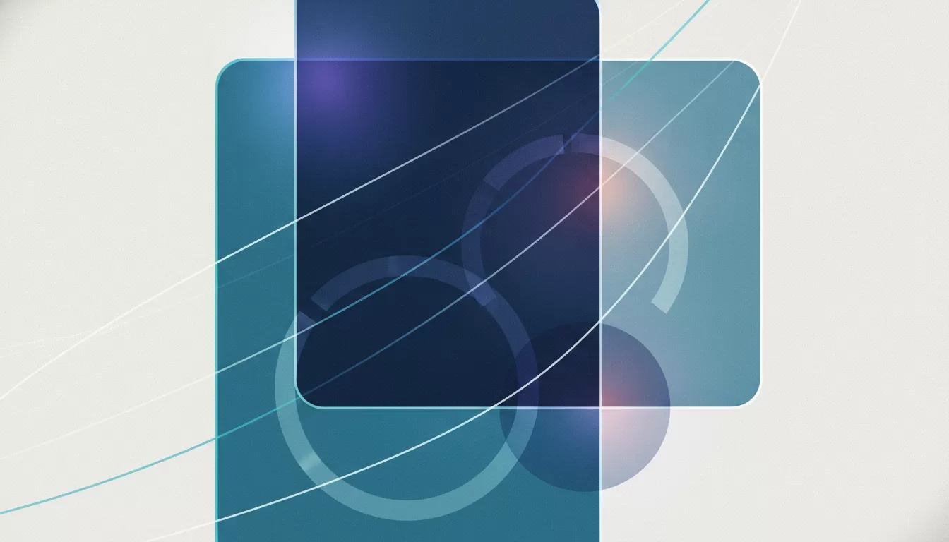Abstract editorial illustration in deep navy and turquoise tones with speed lines and layered glass panels symbolising site performance