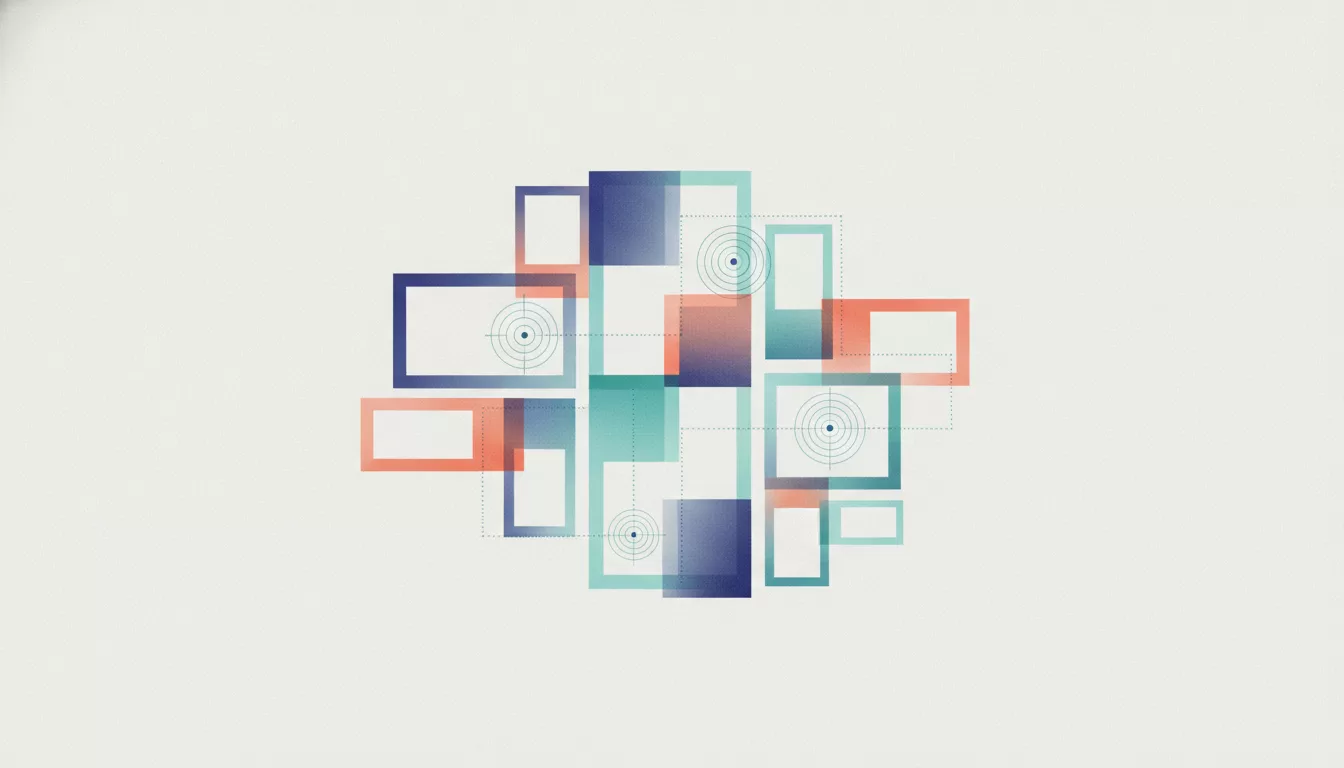 An abstract editorial illustration with transparent frames of different sizes arranged with targeting rings and connecting lines