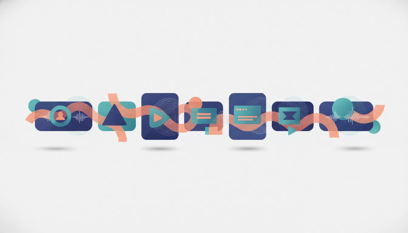 Modern editorial illustration with abstract color ribbons flowing between different frames, conveying the cross-channel consistency of brand voice